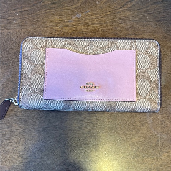 Coach Handbags - Coach Pink and Tan Signature Zip Wallet